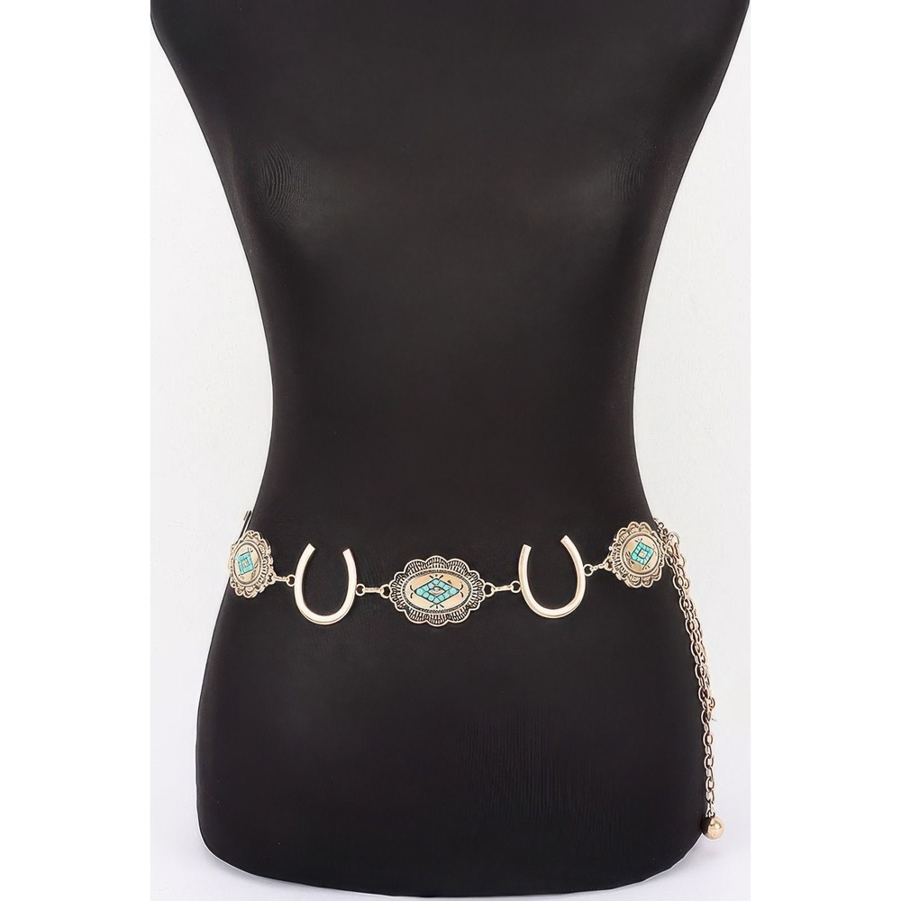 Horseshoe Concho Chain Belt Womens OS Gold Turquoise New Western Boho